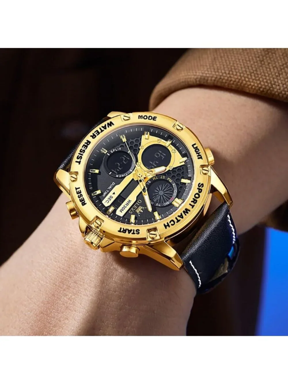 Men's Gold Black Leather Chronograph Fashion Digital Waterproof Wrist Watch
